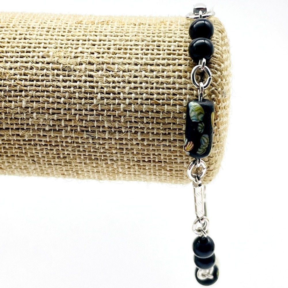 Vintage Sarah Coventry Black Multicolor Bead Link Bracelet Silver Tone Signed